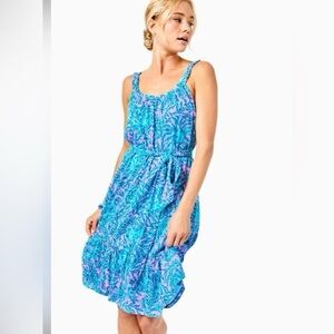 Lilly Pulitzer Collins Mid Knee Length Dress You Grow Girl Blue Tie Waist XL